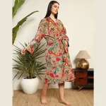 Green Floral Print Velvet Fabric Bath Robe For Women Gift - Image 4
