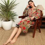 Green Floral Print Velvet Fabric Bath Robe For Women Gift - Image 5