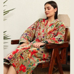 Green Floral Print Velvet Fabric Bath Robe For Women Gift - Image 6