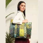 Green Patchwork Quilted Cotton Tote Bag For Women's - Image 2