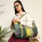 Green Patchwork Quilted Cotton Tote Bag For Women's