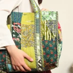 Green Patchwork Quilted Cotton Tote Bag For Women's - Image 8