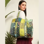Green Patchwork Quilted Cotton Tote Bag For Women's - Image 3