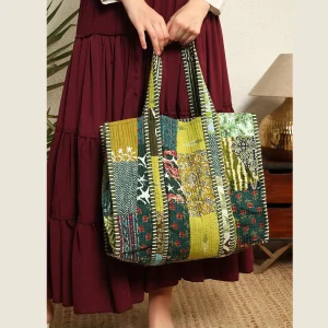 Green Patchwork Quilted Cotton Tote Bag For Women's - Image 5