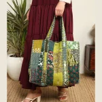 Green Patchwork Quilted Cotton Tote Bag For Women's - Image 6