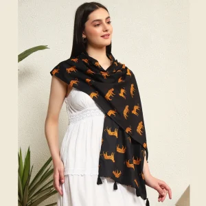 Hand-Block Black Tiger Printed Cotton Scarf - Image 3