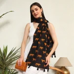 Hand-Block Black Tiger Printed Cotton Scarf
