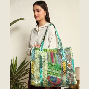 Handmade Green Silk Fabric Patchwork Quilted Handbag - Image 4