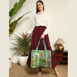 Handmade Green Silk Fabric Patchwork Quilted Handbag - Image 5