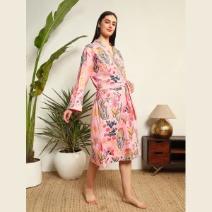 Indian Handmade Pink Floral Print Cotton Robe - Image 5