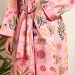 Indian Handmade Pink Floral Print Cotton Robe - Image 6