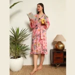 Indian Handmade Pink Floral Print Cotton Robe