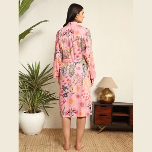 Indian Handmade Pink Floral Print Cotton Robe - Image 8