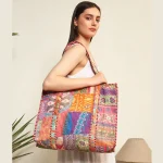 Indian Patchwork Quilted Silk Tote Bag (Multicolor)
