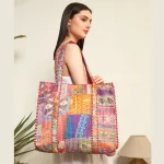 Indian Patchwork Quilted Silk Tote Bag (Multicolor) - Image 2