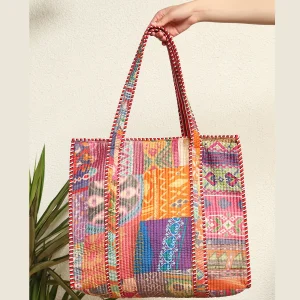 Indian Patchwork Quilted Silk Tote Bag (Multicolor) - Image 3