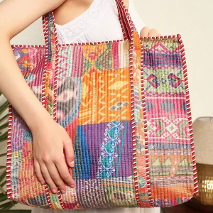 Indian Patchwork Quilted Silk Tote Bag (Multicolor) - Image 4