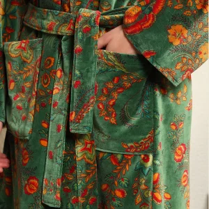 Luxury Green Floral Print Velvet Bathrobe for Women's - Image 5