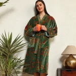 Luxury Green Floral Print Velvet Bathrobe for Women's