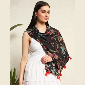 New Black Bird Print Cotton Scarf / Hijab - Image 4