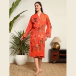 Orange Floral Print Cotton Kimono Bath Robe - Image 2