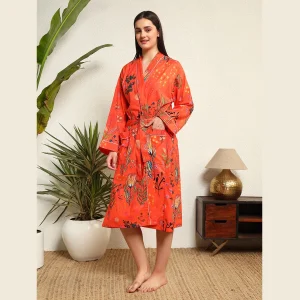 Orange Floral Print Cotton Kimono Bath Robe - Image 3