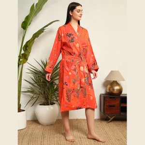 Orange Floral Print Cotton Kimono Bath Robe - Image 4
