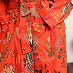 Orange Floral Print Cotton Kimono Bath Robe - Image 5