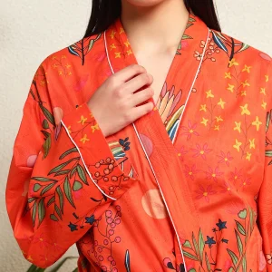 Orange Floral Print Cotton Kimono Bath Robe - Image 6