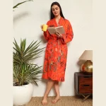 Orange Floral Print Cotton Kimono Bath Robe