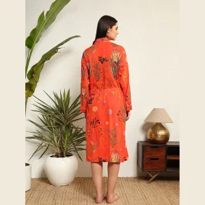 Orange Floral Print Cotton Kimono Bath Robe - Image 7