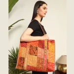 Patchwork Quilted Tote Bags Orange Silk Fabric Carry Bag - Image 2