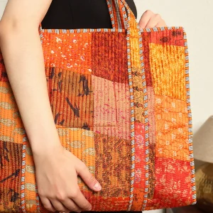 Patchwork Quilted Tote Bags Orange Silk Fabric Carry Bag - Image 7