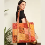 Patchwork Quilted Tote Bags Orange Silk Fabric Carry Bag - Image 3