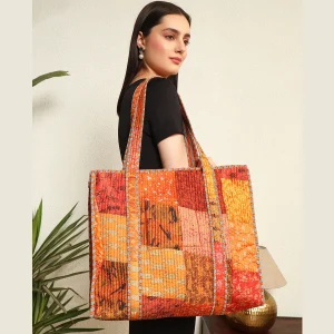 Patchwork Quilted Tote Bags Orange Silk Fabric Carry Bag - Image 3