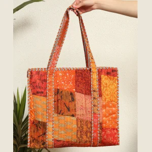 Patchwork Quilted Tote Bags Orange Silk Fabric Carry Bag - Image 5