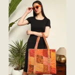 Patchwork Quilted Tote Bags Orange Silk Fabric Carry Bag