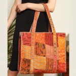 Patchwork Quilted Tote Bags Orange Silk Fabric Carry Bag - Image 6