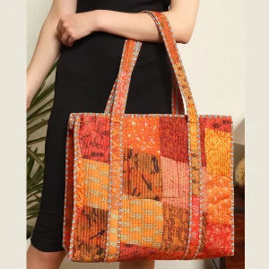 Patchwork Quilted Tote Bags Orange Silk Fabric Carry Bag - Image 6