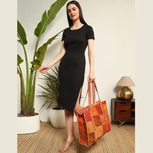 Patchwork Quilted Tote Bags Orange Silk Fabric Carry Bag - Image 4