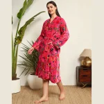 Pink Floral Velvet Bath Robe Women Night Wear Dress - Image 3