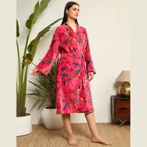 Pink Floral Velvet Bath Robe Women Night Wear Dress - Image 4