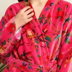 Pink Floral Velvet Bath Robe Women Night Wear Dress - Image 9