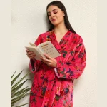 Pink Floral Velvet Bath Robe Women Night Wear Dress - Image 6