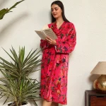 Pink Floral Velvet Bath Robe Women Night Wear Dress