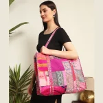 Pink Patchwork Quilted Bag Indian Silk Fabric Tote Bags - Image 2