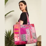 Pink Patchwork Quilted Bag Indian Silk Fabric Tote Bags - Image 3