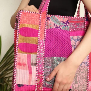 Pink Patchwork Quilted Bag Indian Silk Fabric Tote Bags - Image 6