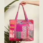 Pink Patchwork Quilted Bag Indian Silk Fabric Tote Bags - Image 4
