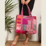Pink Patchwork Quilted Bag Indian Silk Fabric Tote Bags - Image 5